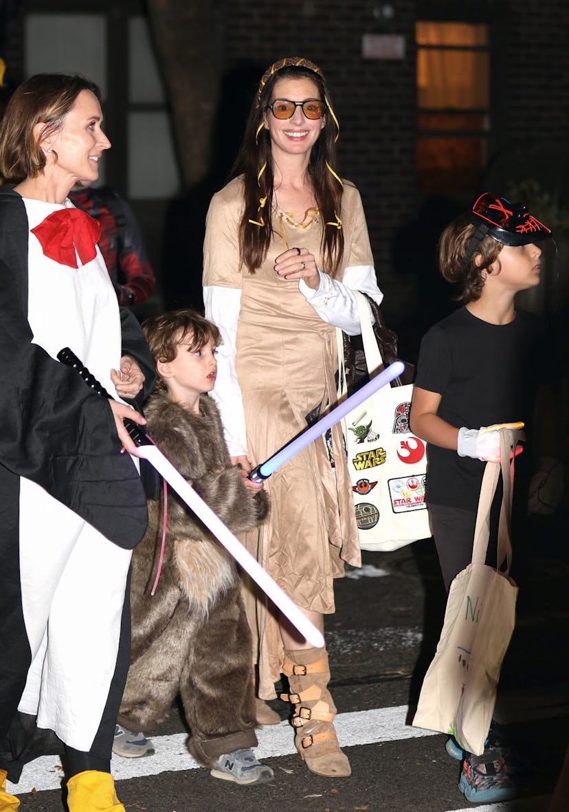 NEW YORK, NY - OCTOBER 31: Anne Hathaway and her son Jack Shulman (L) are seen trick-or-treating in ...