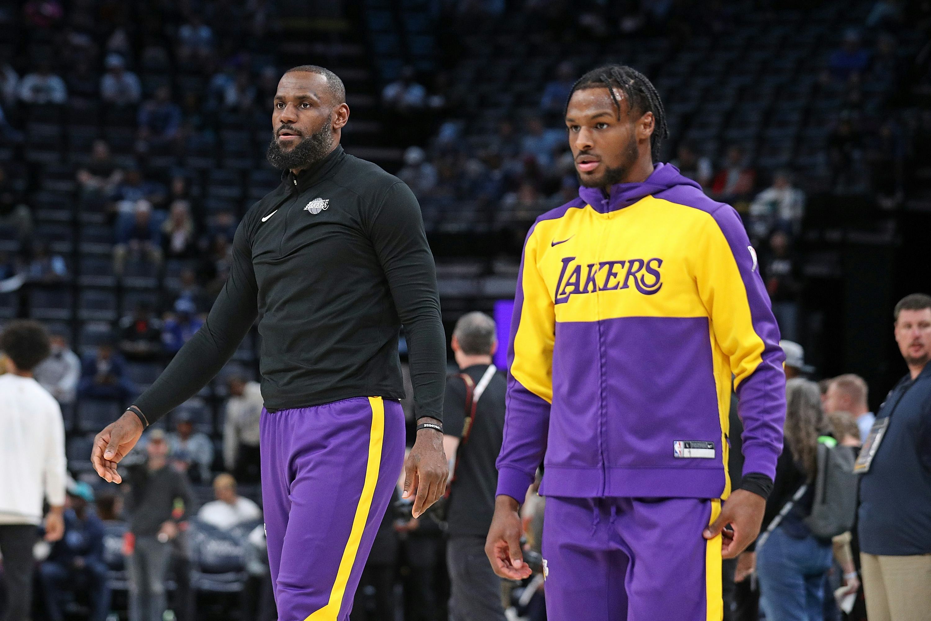LeBron James and Bronny James ahead of the LA Lakers vs. Memphis Grizzlies game.