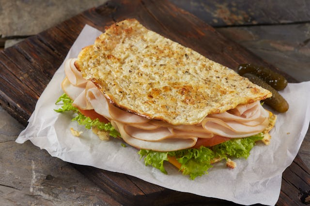 The Viral Cottage Cheese flat Bread Sandwich with Lettuce, Cheddar Cheese, Lettuce, Tomato and Slice...