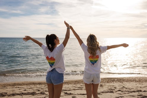 Rear view of romantic lesbian couple standing with arms raised by the sea at sunset