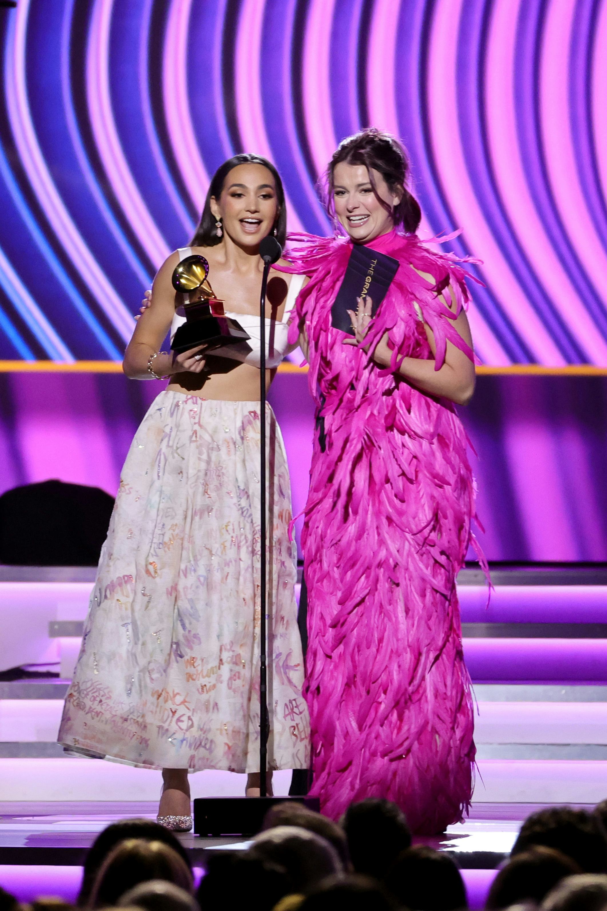 Emily Bear and Abigail Barlow onstage at the Grammys, after winning the Musical Theater Album award.