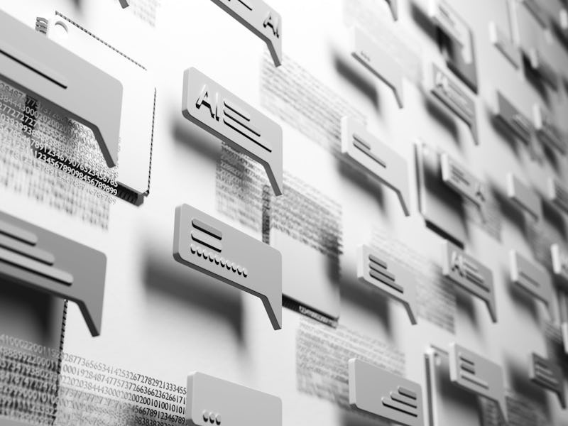 Conceptual and abstract digital generated image of multiple AI chat icons hovering over a digital su...