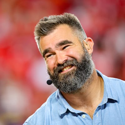 Jason Kelce works as a broadcaster on Monday Night Football prior to the game between the Kansas City Chiefs and the New Orleans Saints at GEHA Field at Arrowhead Stadium on October 7, 2024 in Kansas City, Missouri.