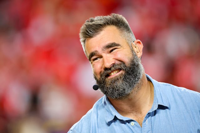 Jason Kelce works as a broadcaster on Monday Night Football prior to the game between the Kansas Cit...