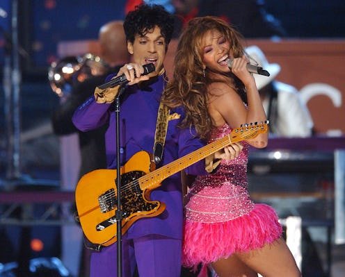 Prince and Beyonce perform a medley of his hits during The 46th Annual GRAMMY Awards - Show at Stapl...