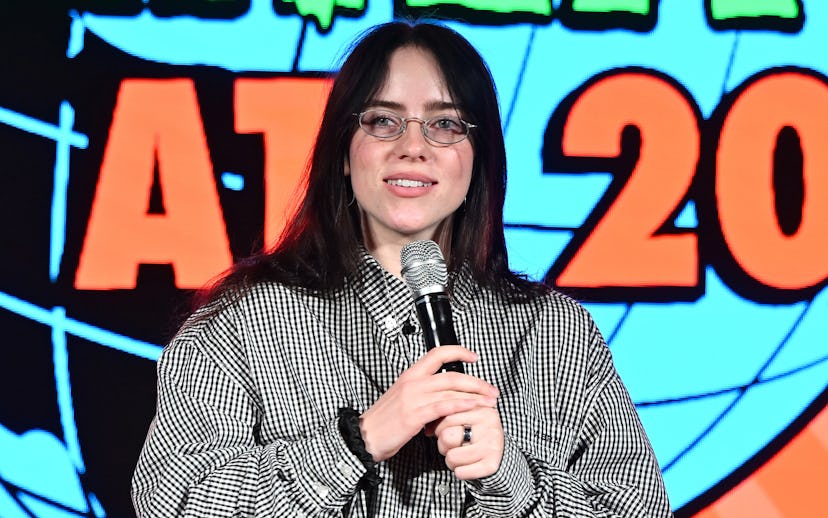 ATLANTA, GEORGIA - NOVEMBER 03: Billie Eilish speaks onstage during "Overheated" presented by Suppor...