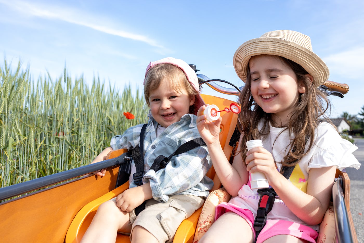 Two happy little children in cargo bike blowing soap bubbles near a country road. Happy summer days. Siblings relationships concept