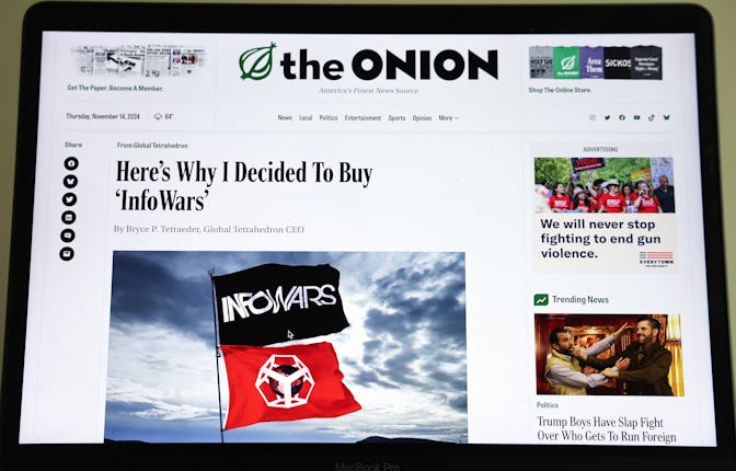 PASADENA, CALIFORNIA - NOVEMBER 14: In this photo illustration, The Onion website is displayed on a ...