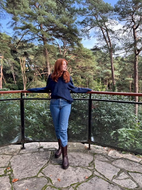 Stock photo showing close-up view of a landscaped garden with a concrete slab, crazy paved patio and...