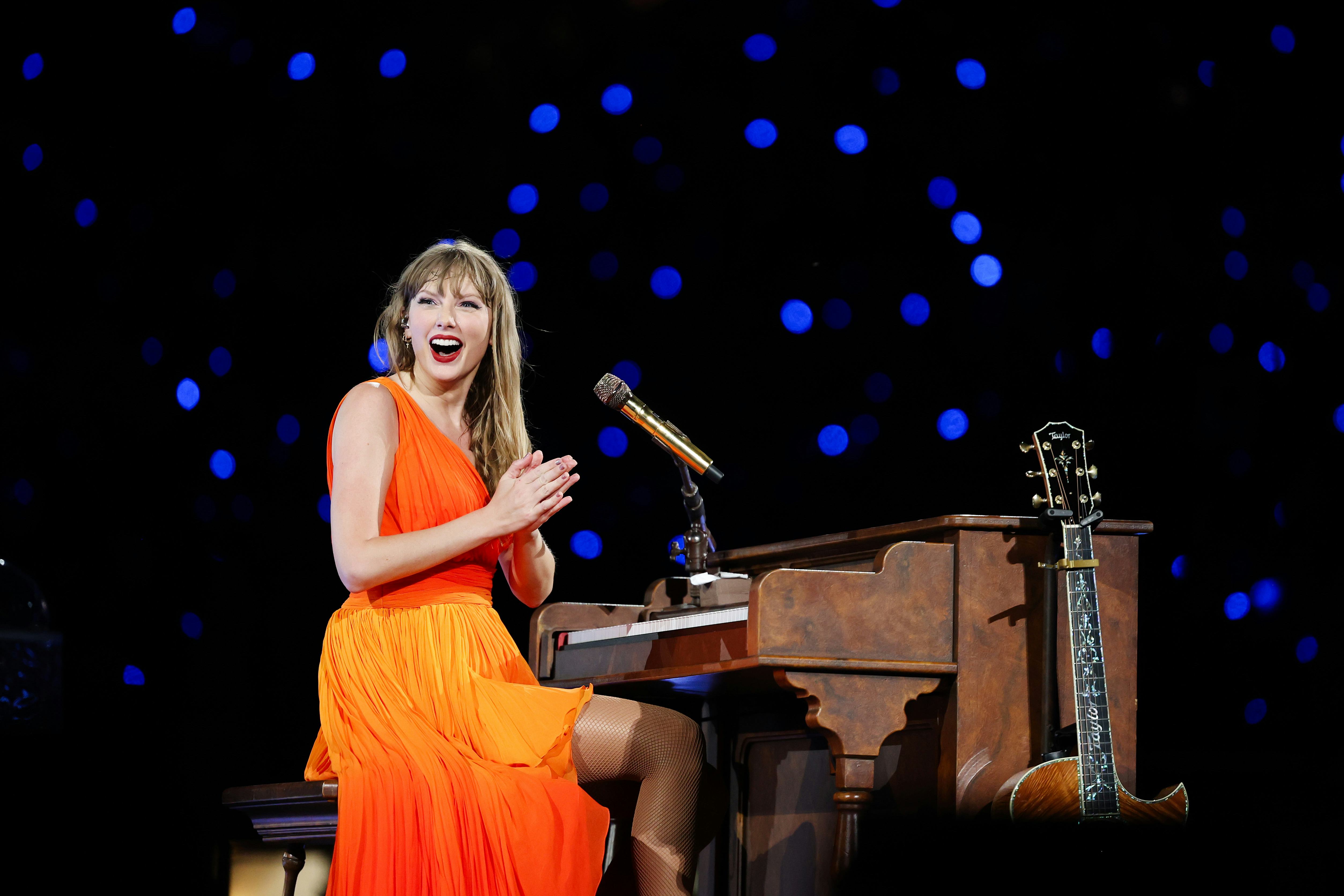 Taylor Swift performs onstage during The Eras Tour on July 13, 2024 in Milan, Italy.