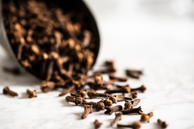 A scoop full of cloves dumping out on a white marble surface.