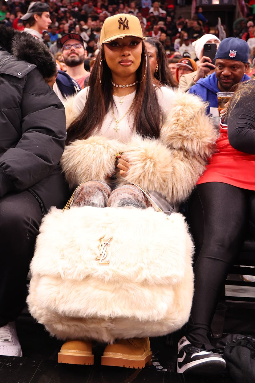 Megan Thee Stallion looks on during the second half between the Chicago Bulls and the Boston Celtics…