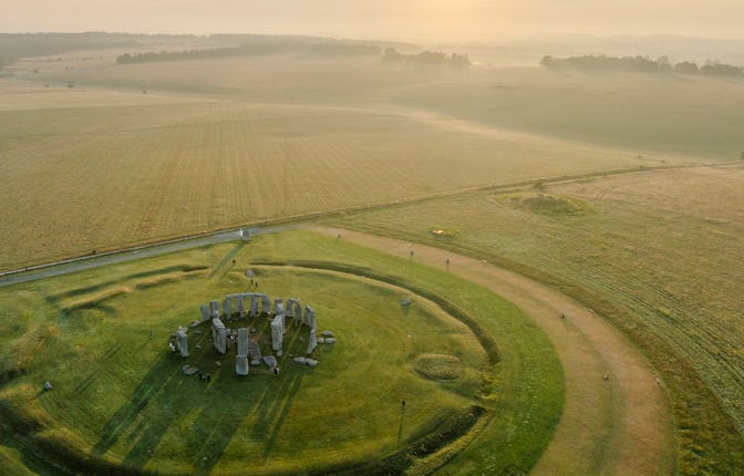 A bright morning at the famous stones in England, Stonehenge, elevated view in Wiltshire