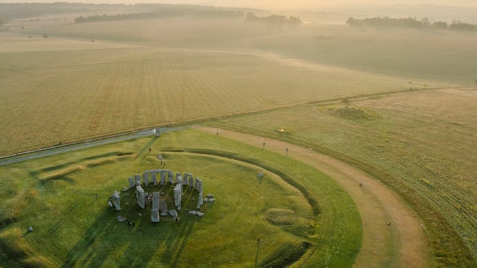 A bright morning at the famous stones in England, Stonehenge, elevated view in Wiltshire
