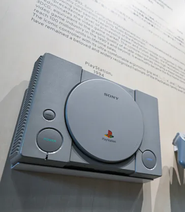 An original PlayStation is pictured at a display of various memorabilia in the lobby of the Sony hea...