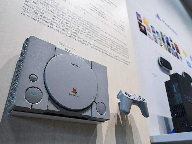 An original PlayStation is pictured at a display of various memorabilia in the lobby of the Sony hea...