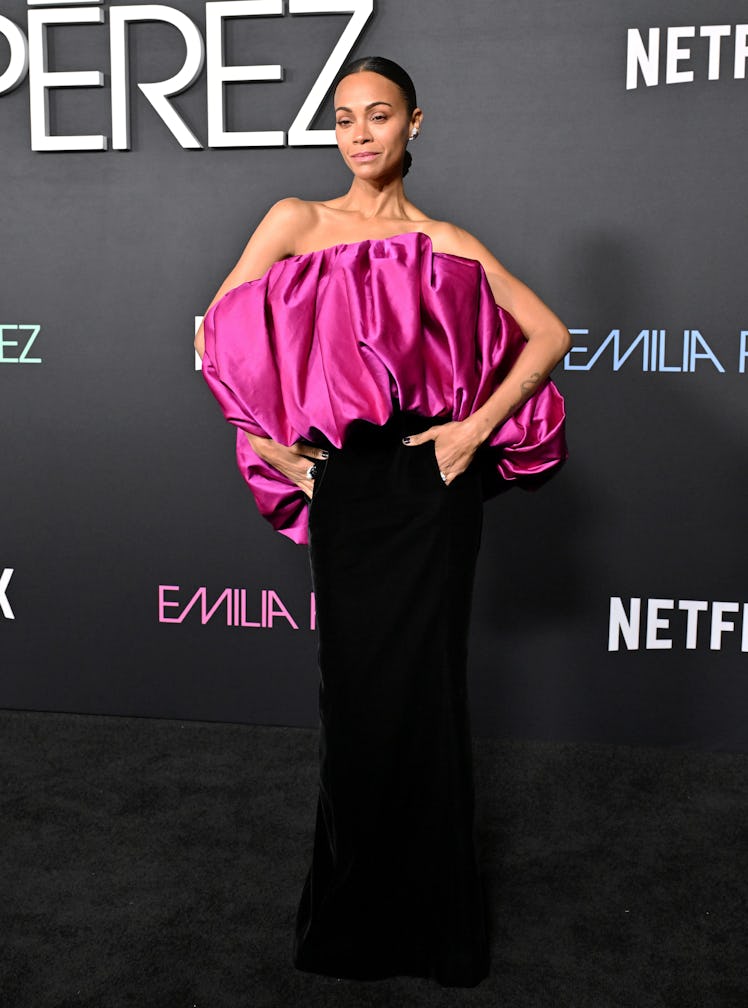 LOS ANGELES, CALIFORNIA - OCTOBER 21: Zoe Saldana attends the Los Angeles Premiere of Netflix's "Emi...