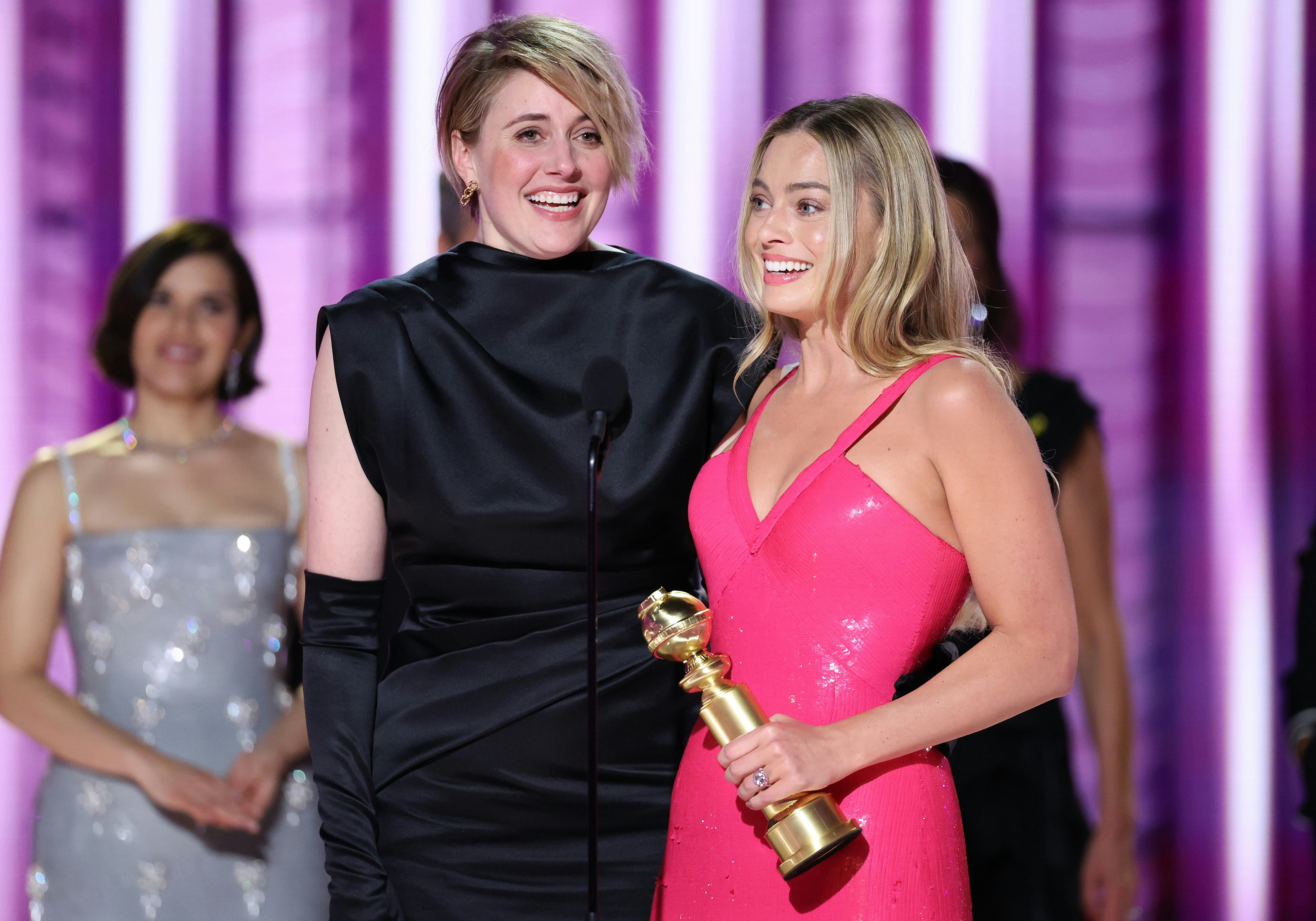 Greta Gerwig and Margot Robbie at the 2024 Golden Globes.