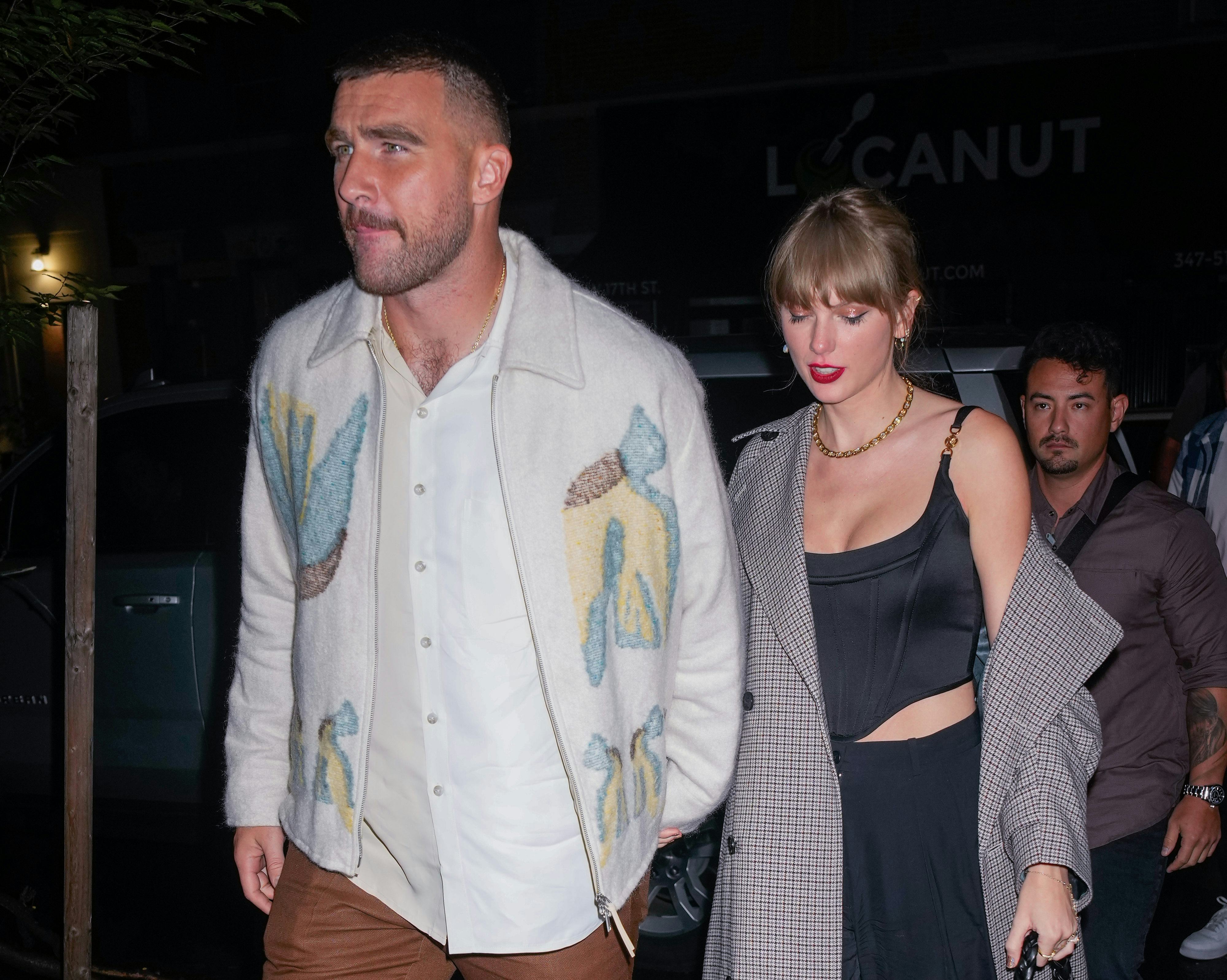 NEW YORK, NEW YORK - OCTOBER 15: Travis Kelce and Taylor Swift arrive at SNL Afterparty on October 1&hellip;