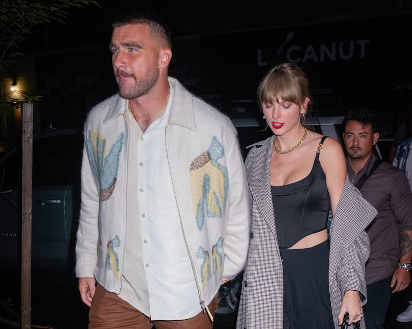 NEW YORK, NEW YORK - OCTOBER 15: Travis Kelce and Taylor Swift arrive at SNL Afterparty on October 1…