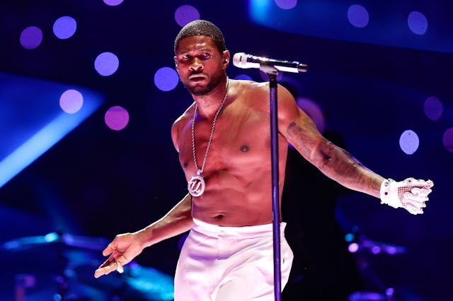 Usher performs during halftime of Super Bowl LVIII on Sunday, Feb. 11, 2024, at Allegiant Stadium i...