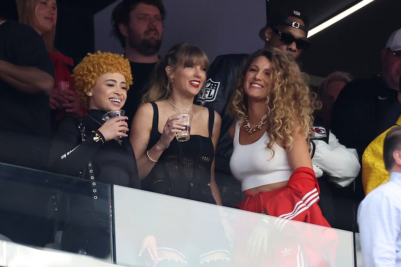 Rapper Ice Spice, singer Taylor Swift and actor Blake Lively at Super Bowl LVIII on Feb. 11 in Las V...