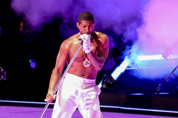 Usher performs at the Apple Music Super Bowl LVIII Halftime Show held at Allegiant Stadium on Februa...