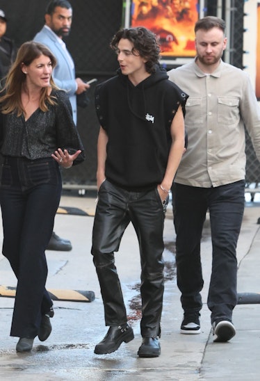 Timothee Chalamet is seen arriving at "Jimmy Kimmel Live!" on February 1, 2024 in Hollywood, Califor...