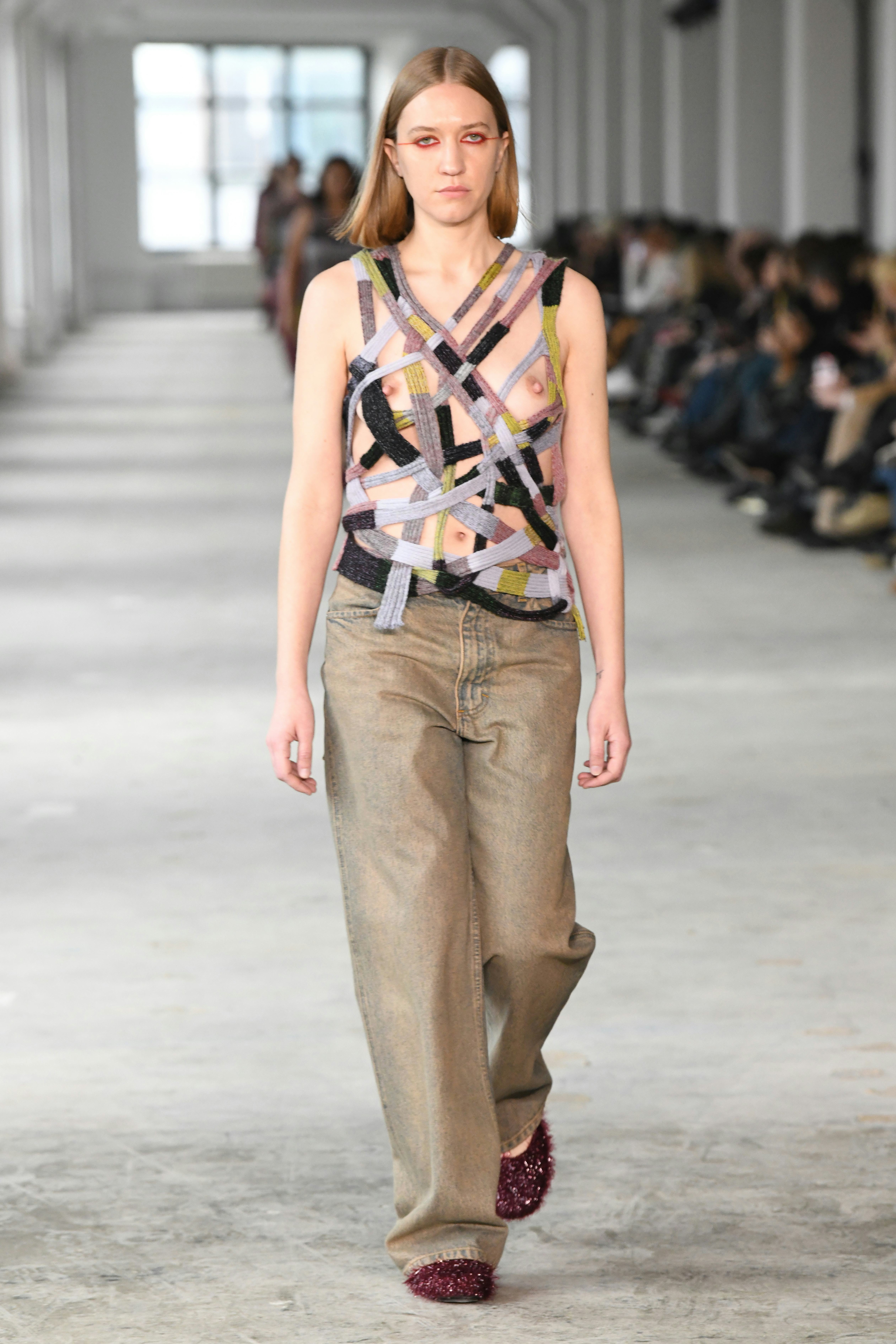 A model walks the runway at the Eckhaus Latta show during New York Fashion Week on February 10, 202&hellip;