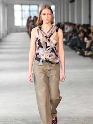     A model walks the runway at the Eckhaus Latta show during New York Fashion Week on February 10, 202...