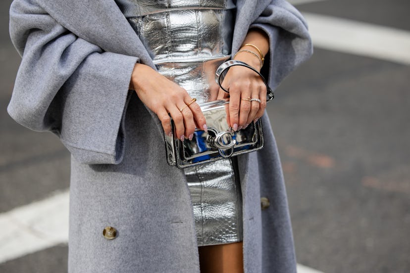 Textured crystal manicure outside Coach show NYFW fall/winter 2024