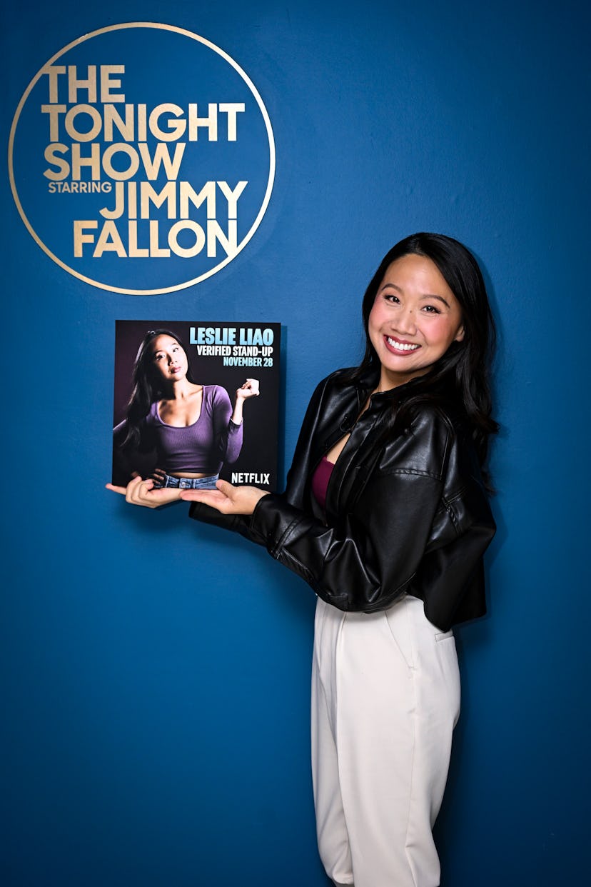 Comedian Leslie Liao poses backstage at The Tonight Show With Jimmy Fallon