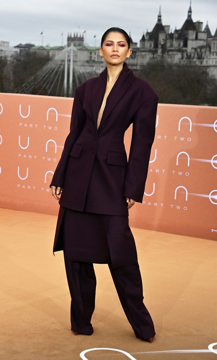Zendaya attends the London Photocall for "Dune: Part Two" at IET London on February 14, 2024 in Lond...