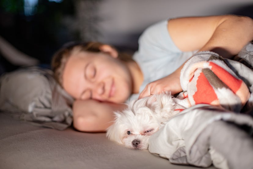 Young woman taking nap with her puppy