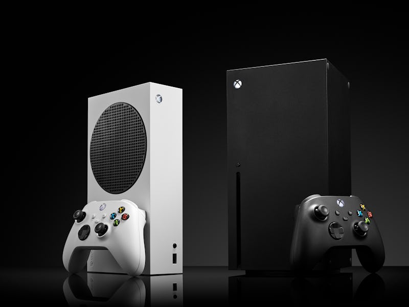 A pair of Microsoft home video game consoles, including an Xbox Series S (L) and Xbox Series X, take...