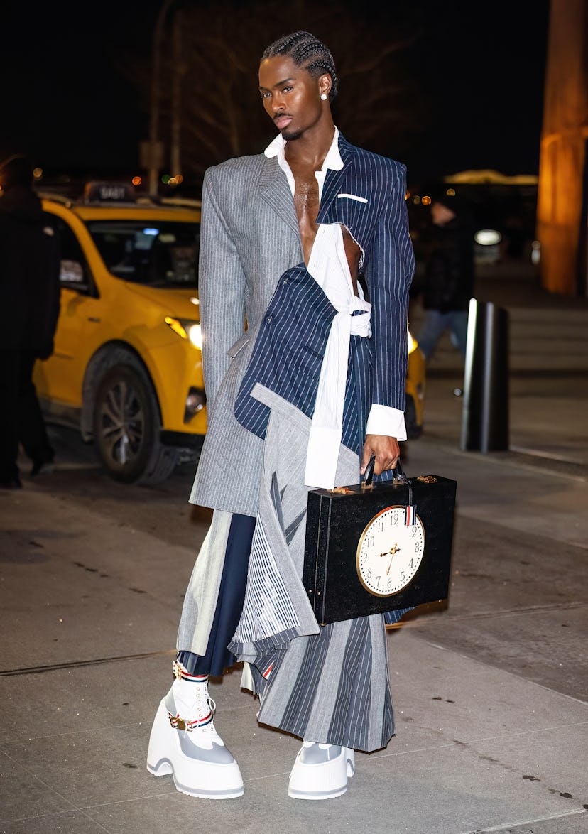 NEW YORK, NEW YORK - FEBRUARY 14: Model Alton Mason is seen leaving the Thom Browne fashion show dur...