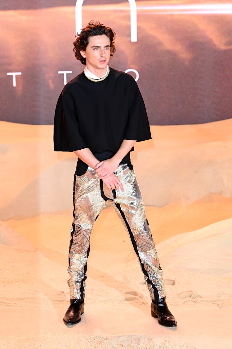 Timothée Chalamet attends the World Premiere of "Dune: Part Two" in Leicester Square on February 15,...