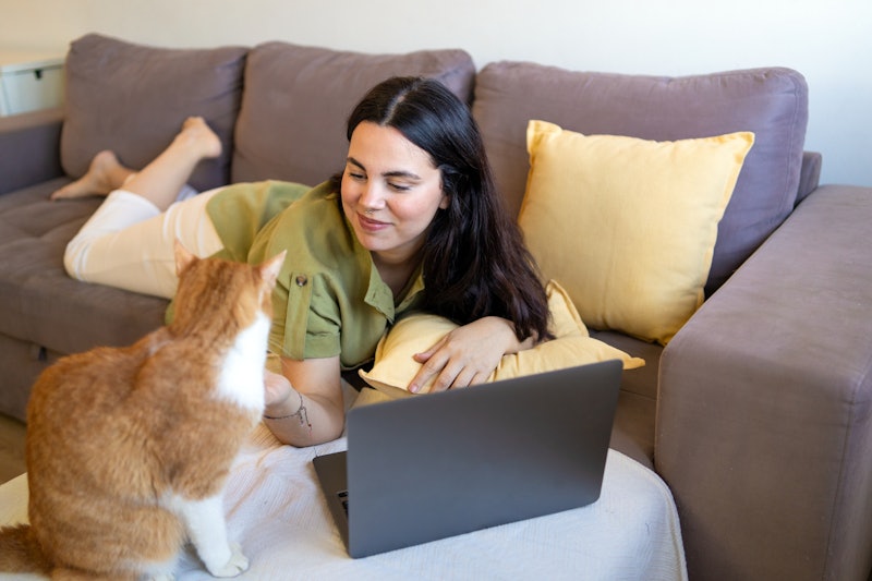 Woman lying on the sofa working with laptop and caressing a cat