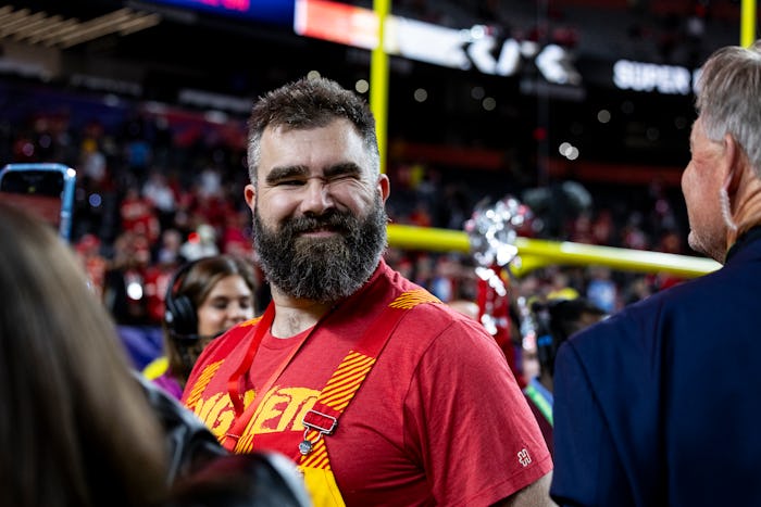 LAS VEGAS, NEVADA - FEBRUARY 11: Jason Kelce winks after the Kansas City Chiefs won Super Bowl LVIII...