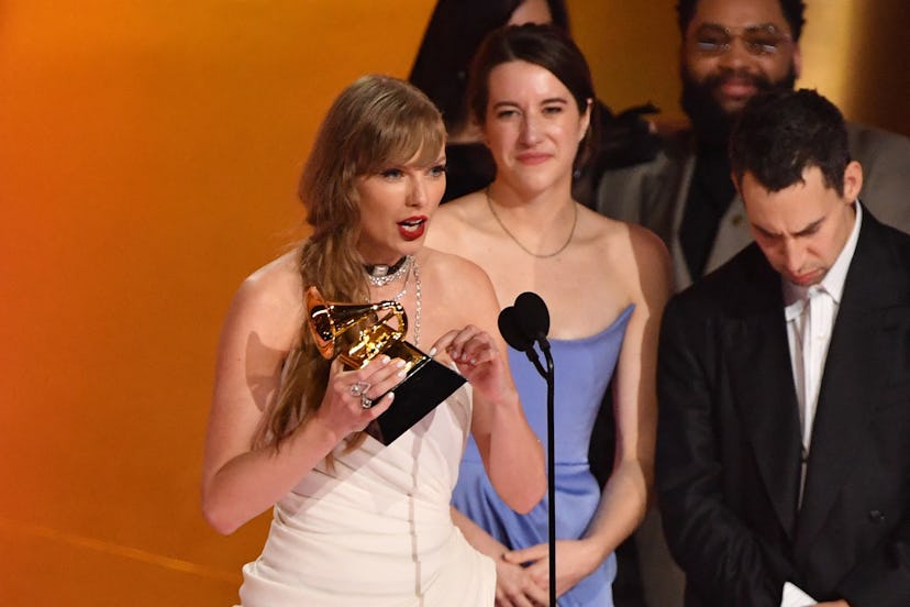Taylor Swift accepts the Album Of The Year award for "Midnights" on stage during the 66th Annual Gra...