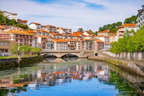 Ondarroa skyline by Artibai river and bridge Latxambre in Biscay Basque Country of Spain