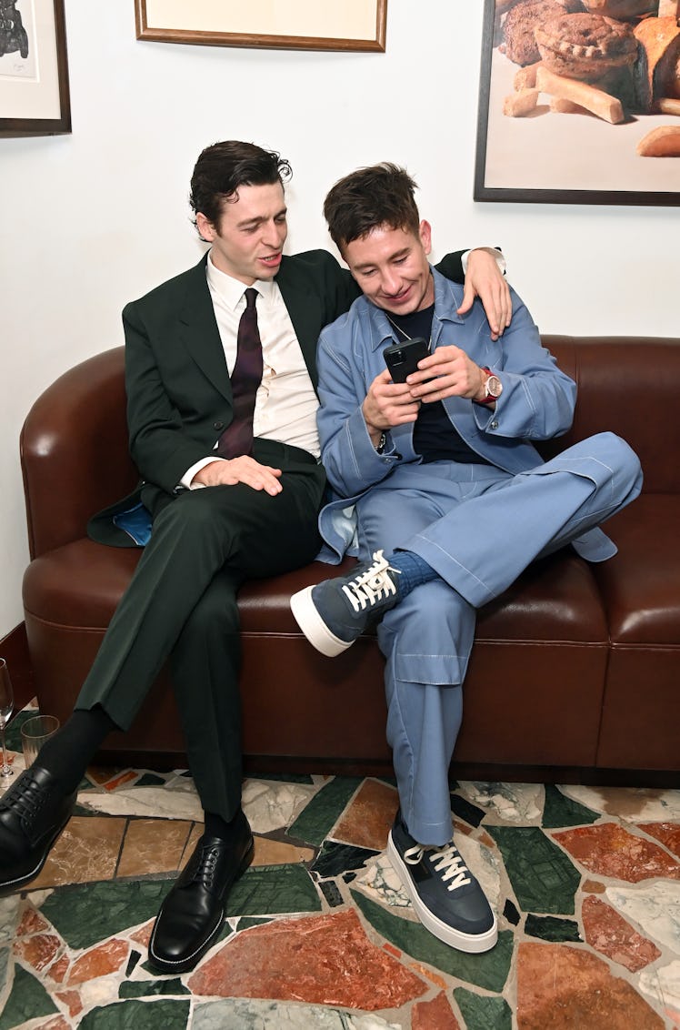 LONDON, ENGLAND - FEBRUARY 15: Anthony Boyle (L) and Barry Keoghan attend an exclusive dinner hosted...