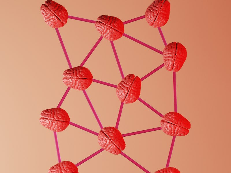 Large group of red brains connected with red glass strings
