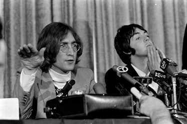 Musicians John Lennon and Paul McCartney introduce Apple Corps to the United States. Press conferenc...