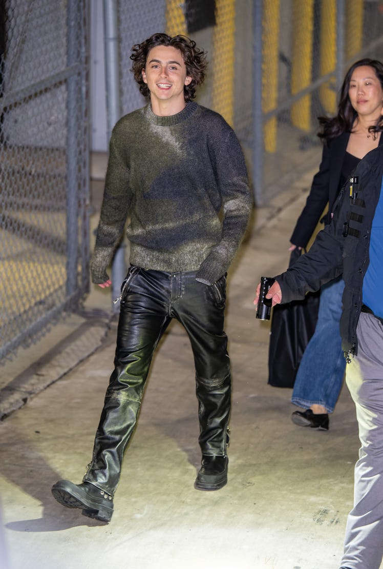 Timothee Chalamet is seen arriving at "Jimmy Kimmel Live!" on February 01, 2024 in Los Angeles, Cali...
