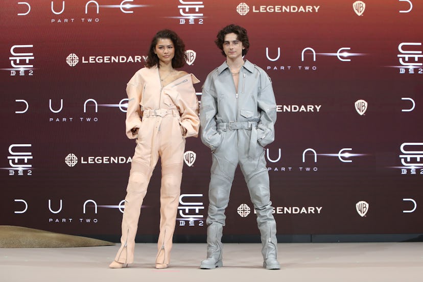Zendaya and Timothée Chalamet leather pastel jumpsuit JUUN.J Dune: Part Two press conference