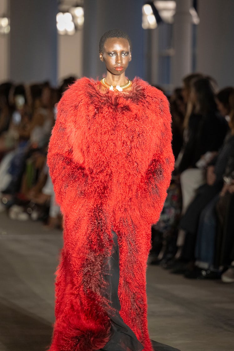 NEW YORK, NEW YORK - FEBRUARY 09: A model walks the runway in the Prabal Gurung F/W 2024 Fashion Sho...