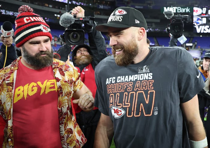 BALTIMORE, MARYLAND - JANUARY 28: Travis Kelce #87 of the Kansas City Chiefs celebrates with his bro...