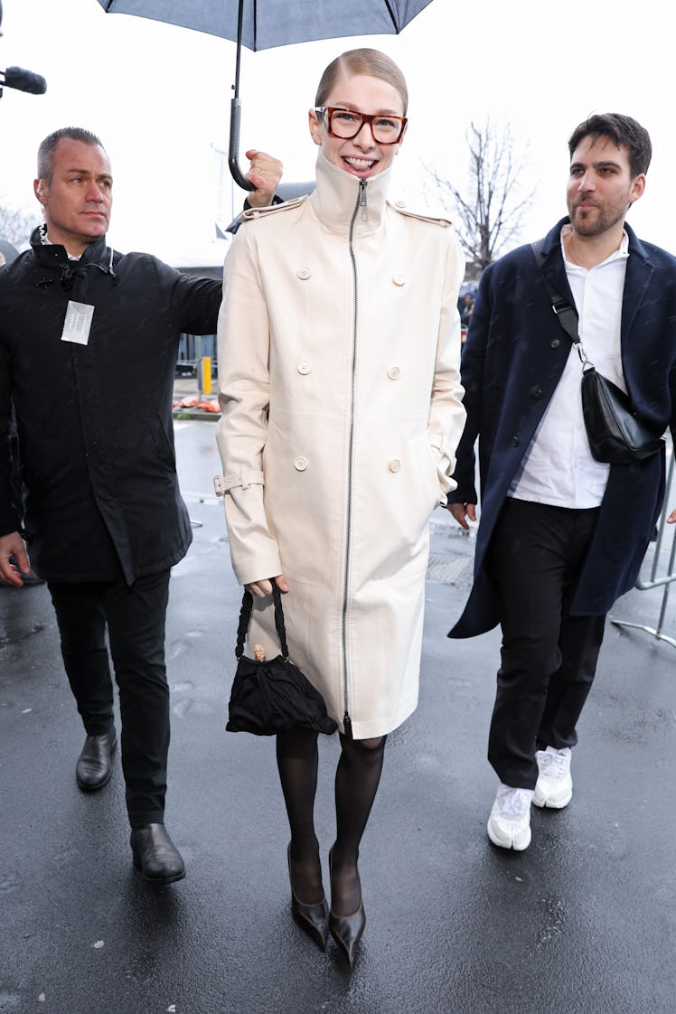 Hunter Schafer is seen arriving at the Prada fashion show during the Milan Fashion Week Womenswear F...