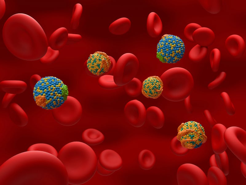 Illustration of low density lipoprotein (LDL), or 'bad' cholesterol, molecules (more blue) and high ...